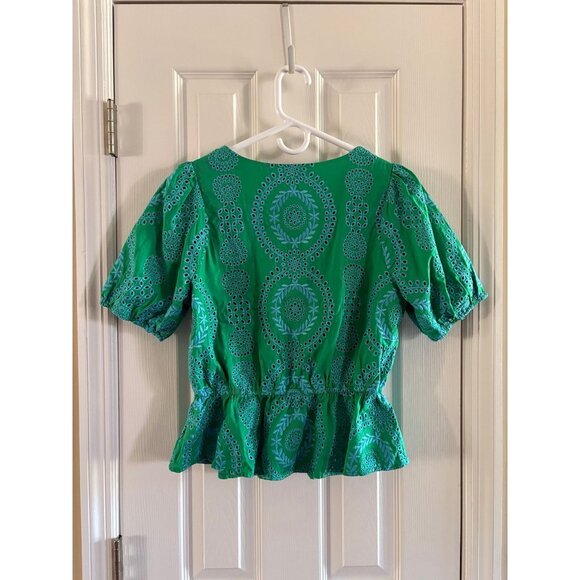 Skies Are Blue Green & Blue Eyelit Peplum Top Small - Picture 2 of 2